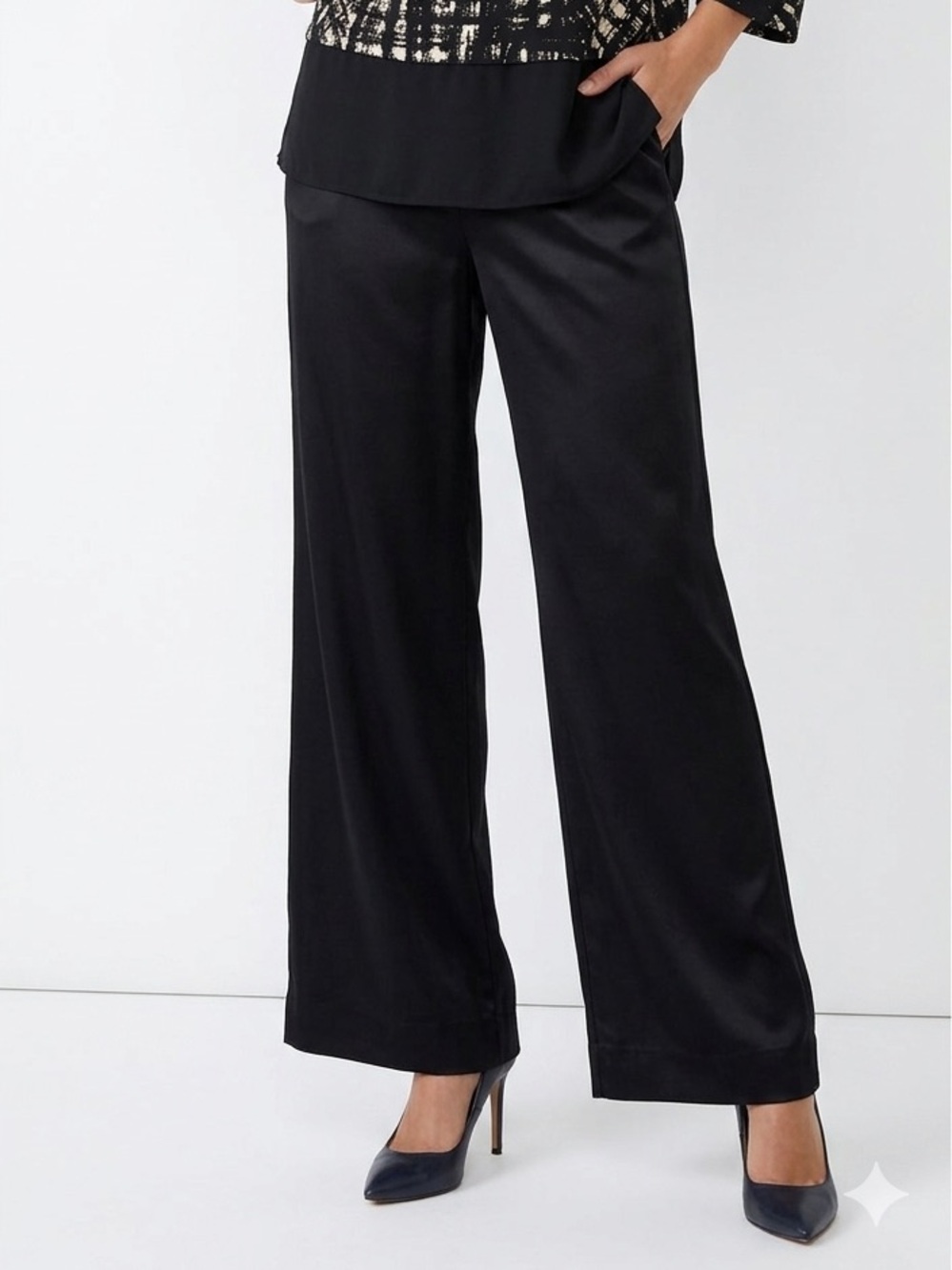 Lafayette 148 New York Black Satin Wide Leg Pants Flat Front Trousers Size 14